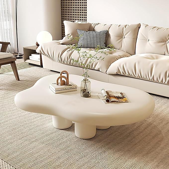 48 Inch Cloud Coffee Table, Modern Cream Coffee Table for Living Room, Large Wood Coffee Side Table with Irregular Tabletop and 4 Sturdy Legs for Home Office Bedroom