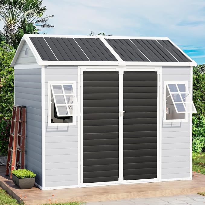 6x8 FT Plastic Storage Sheds Outdoor with Floor and Openable Window, Utility All-Weather Resin Shed Easy to Install, Large Sheds & Outdoor Storage/Tool Shed for Garden & Backyard, Gray
