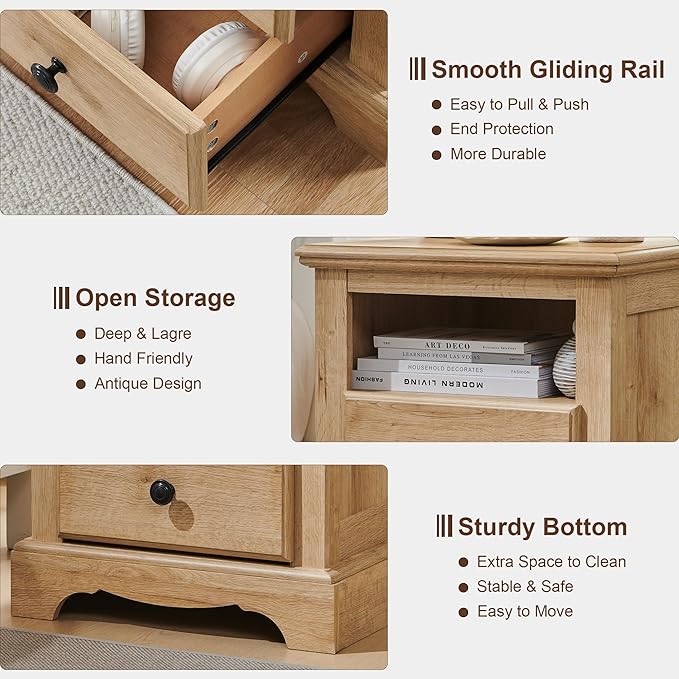 T4TREAM Nightstand with Charging Station Set of 2, Wood Rustic Sofa Side Table with Open Storage Shelf for Bedroom, 18 Inch Vintage End Table with 2 Drawers for Living Room, Natural Oak