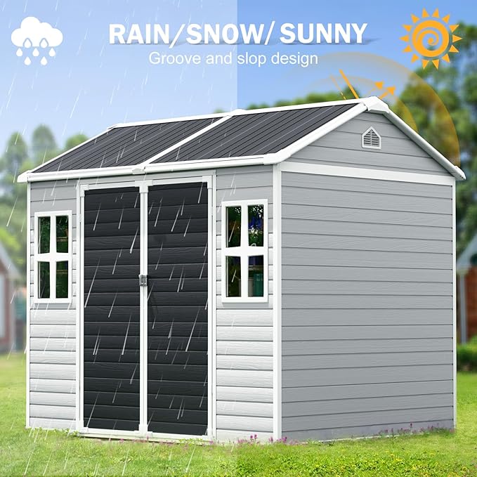 CDCASA 8x6 FT Resin Storage Sheds with Floor Included, Waterproof Large Outdoor Sheds & 2 Windows,Outside Plastic Tool Shed for Backyard Garden Patio Lawn Poolside
