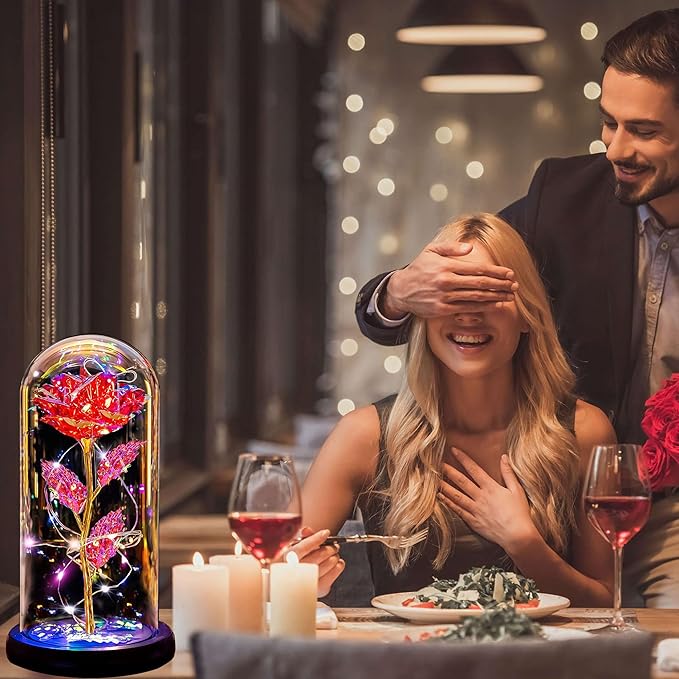 Christmas Rose Gifts for Women Mom, Womens Gifts for Christmas, Glass Flower Gifts for Sister, Rose Enchanted Crystal Flower Gift Light Up in Glass Dome,Birthday Gift for Women Wife Red