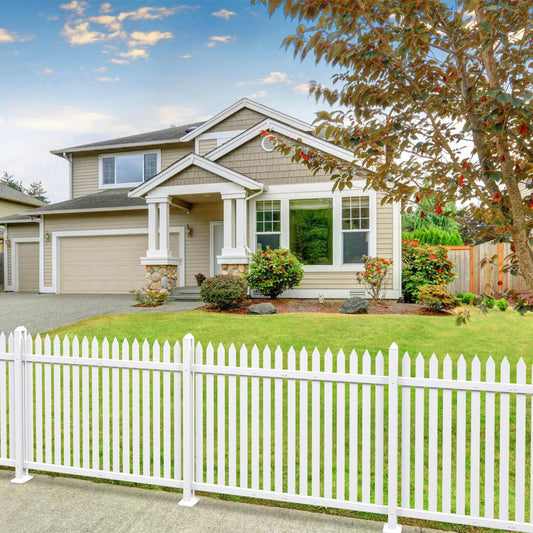 Patio 4 Sets Vinyl Picket Fence Panels 36" H x 84" W White PVC Decorative Fence for Front Yard Porch Patio Deck Pool Air Conditioner Fence Safety Dog Fence (34 Pickets, Straight)