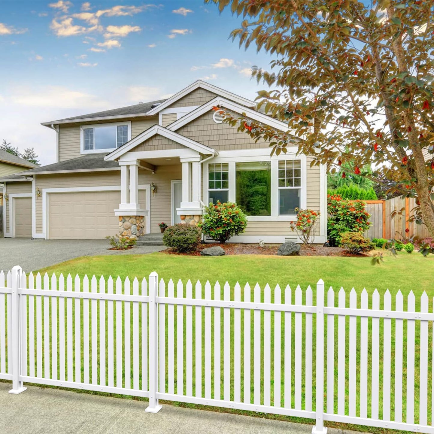 Patio Vinyl Picket Fence White Panels 36" H x 84" W PVC Garden Fences Plastic Decorative for Yard Porch Patio Deck Pool Air Conditioner Safety Dog Fencing (34 Pickets, Straight)
