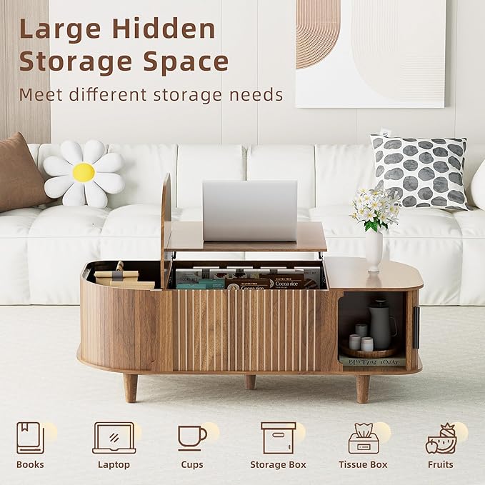 Oval Lift Top Coffee Table, Mid Century Modern Center Table with 3 Hidden Compartment, Coffee Tables with Storage Open Shelf and Sliding Cabinet Door for Home Living Room Office (Walnut)