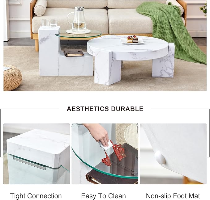 Removable Double Coffee Table Set，Modern Round Wood Coffee Table for Living Room, Farmhouse Style Side Table, Flexible Design for Any Scenario (White)