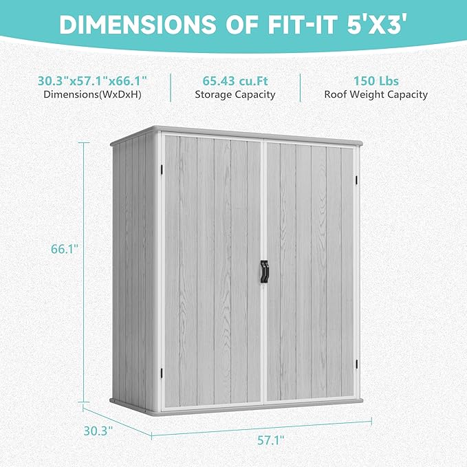 Greesum 5X3FT Plastic Storage Shed with Floor, Resin Outdoor Storaged Sheds with Lockable Door, All-Weather Tool Sheds for Garden, Backyard, Patio, Light Gray (4.7×2.5FT)