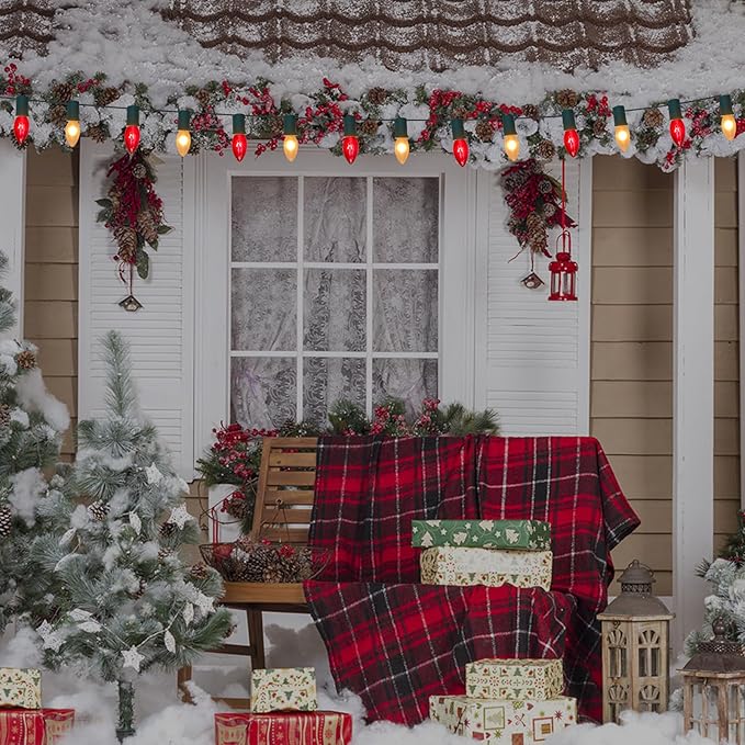 25Ft C9 Christmas Lights Outdoor, Vintage Multicolor String Lights with 26 C9 Clear Red/Frosted White Bulbs for Christmas Tree, Roofline, Garden, Patio, Cafe, Xmas Decorations