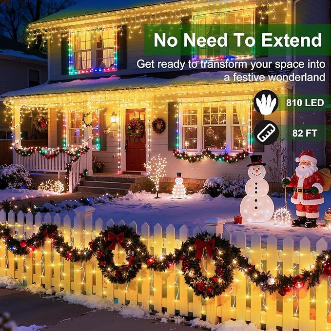 810 LED Christmas Lights with 180Drops, 82ft 12 Modes Warm White Fairy String Lights with Timer Dimmable, Waterproof Twinkle Lights for Indoor Outdoor Holiday Wedding Party Eaves Yard Christmas Decor
