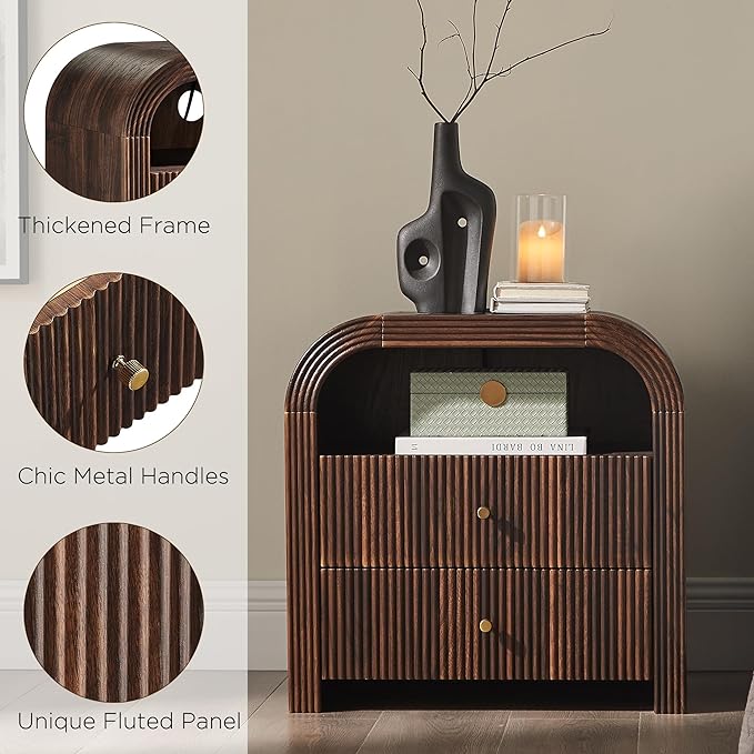 T4TREAM 24" Fluted Nightstand Set of 2, Large 2 Drawers Bedside Table with Charging Station, Modern End Table with Storage Night Stand for Bedroom, Living Room, Round Curved Corner Design, Dark Walnut