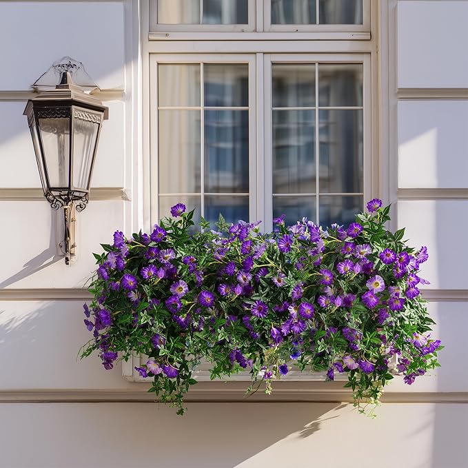 Artificial Flowers Artificial Petunias for Outdoors 2PCS Artificial Hanging Plants Outdoor Silk Flowers with Stems Outdoor Flowers Uv Resistant for Porch Decor Terrace Decor（Purple）Without Pot