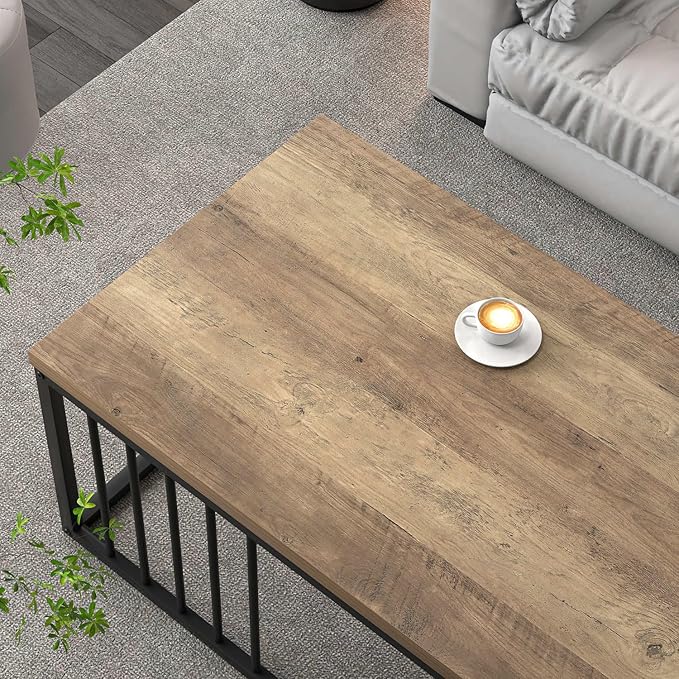FOLUBAN Modern Coffee Table, Minimalist Wood and Metal Center Table for Living Room, Rustic Oak, 43.3 Inch