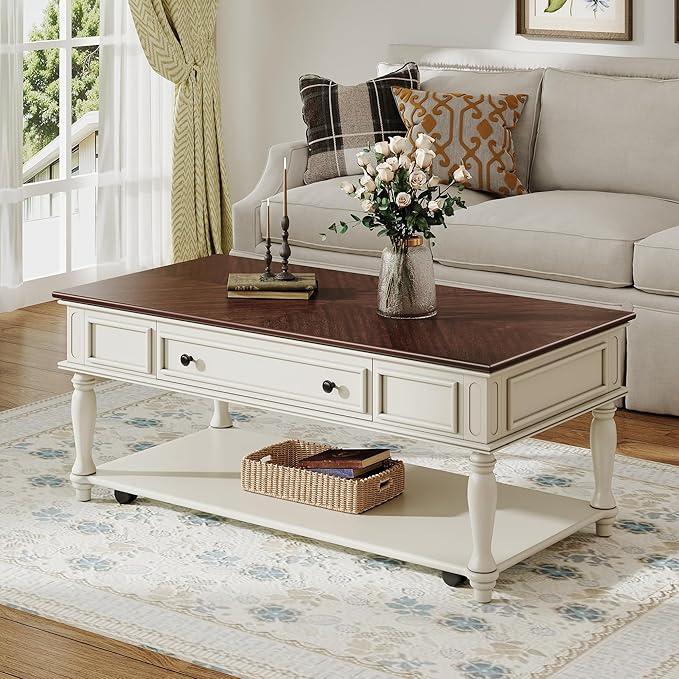 Polibi Coffee Table with Large Storage Drawer, Retro Movable Rectangular Cocktail Table with 4 Caster Wheels for Livingroom, Easy Assembly (Walnut+White)