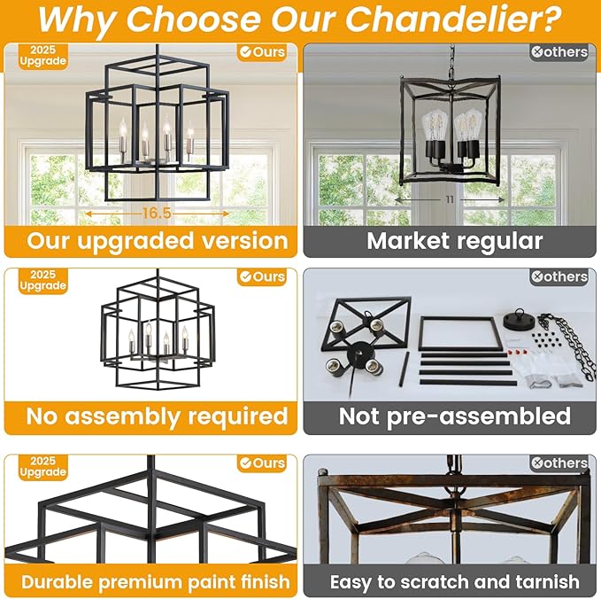16.5" Farmhouse Chandelier, 4-Light Industrial Ceiling Pendant Light Fixture, Modern Foyer Lighting Fixtures, Dining Room Light Fixtures Over Table, Black and Silver Pendant Lights for Kitchen Island