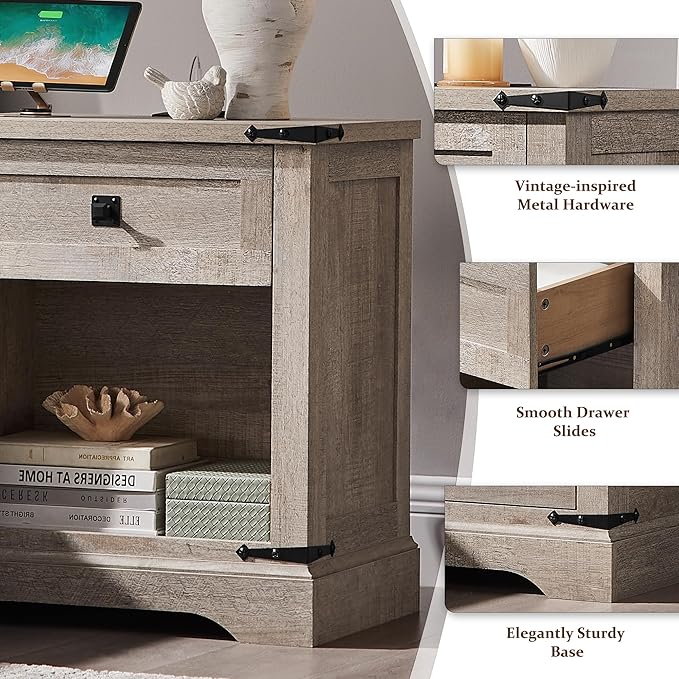 T4TREAM 24" Farmhouse Nightstand with Charging Station Set of 2, Large End Table with Drawer and Open Storage Cabinet, Rustic Wood Bedside Table Sofa Table for Bedroom, Light Rustic Oak