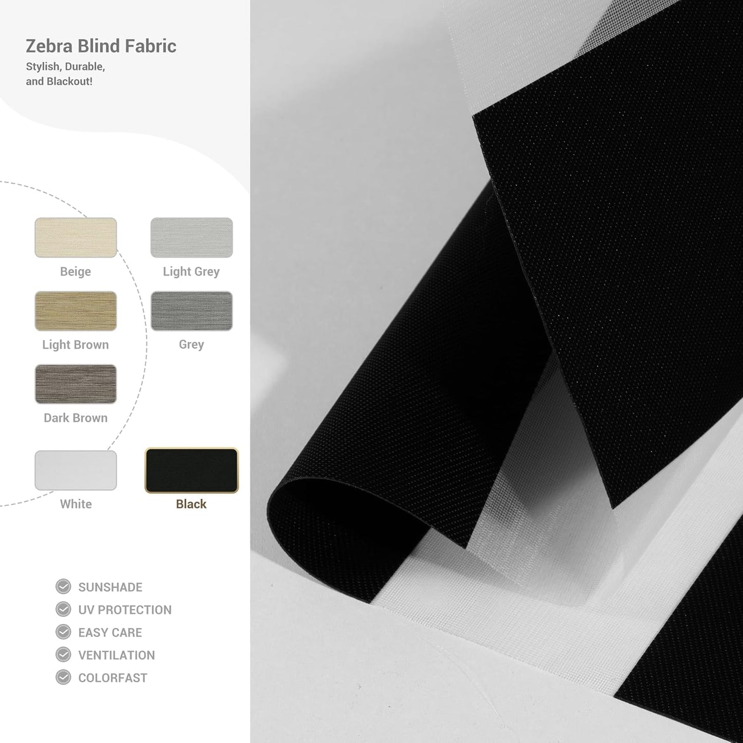 Cordless Zebra Blinds for Windows, Blackout Interior Blinds,Easy to Install,UV Protection,for Offices and Home,Custom Roller Shades, Solid Black, 60" W x 80" H