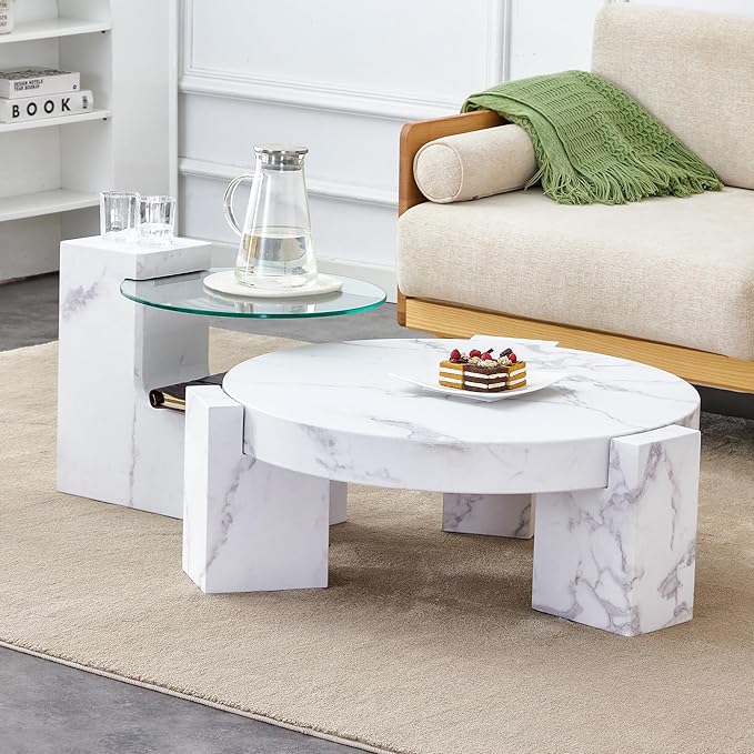 Removable Double Coffee Table Set，Modern Round Wood Coffee Table for Living Room, Farmhouse Style Side Table, Flexible Design for Any Scenario (White)
