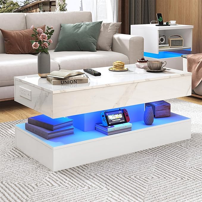 39.4" Large Lift Top Coffee Table with Charging Station, LED Modern High Glossy Center Table with Hidden Compartment Storage, White Lift Living Room Tables with Marbling Print, White