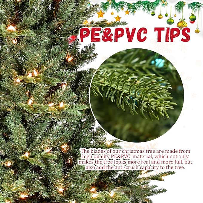 7.5 ft Christmas tree Prelit,Artificial Christmas Tree with Lights &Mixed 2456 PE PVC Flame-retardant Tips,Premium Realistic Lighted Up Spruce Led Christmas Tree for Office Home Decor with Auto Hinged