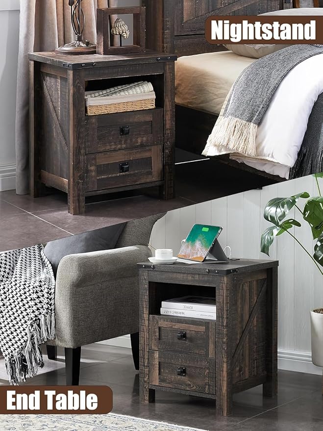 T4TREAM Farmhouse Nightstand Set of 2 with Charging Station, Rustic End Table with 2 Drawers, Storage Open Shelf for Bedroom, Living Room, Wood Side Table, Dark Rustic Oak