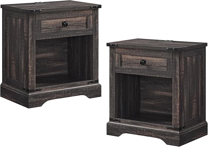 T4TREAM 24" Farmhouse Nightstand with Charging Station Set of 2, Large End Table with Drawer and Open Storage Cabinet, Rustic Wood Bedside Table Sofa Table for Bedroom, Dark Rustic Oak
