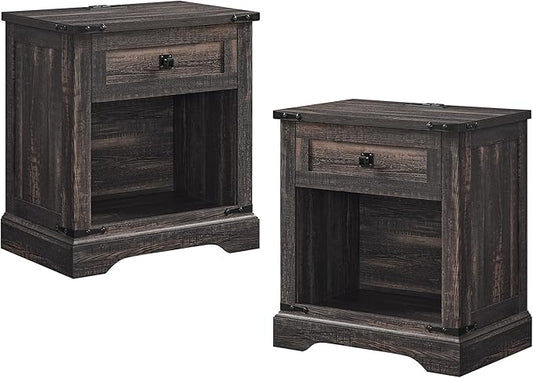 T4TREAM 24" Farmhouse Nightstand with Charging Station Set of 2, Large End Table with Drawer and Open Storage Cabinet, Rustic Wood Bedside Table Sofa Table for Bedroom, Dark Rustic Oak