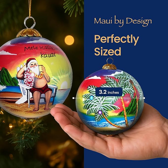 Collectible Hawaiian Santa Christmas Hand-Painted Glass with Gift Box Ornament MK/K