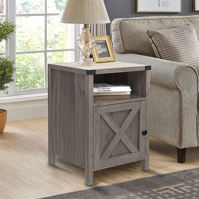 Farmhouse Nightstand, Side Table, End Table with Barn Door and Shelf, Rustic Modern Bed Night Stand for Bedroom, Living Room, Grey Wash