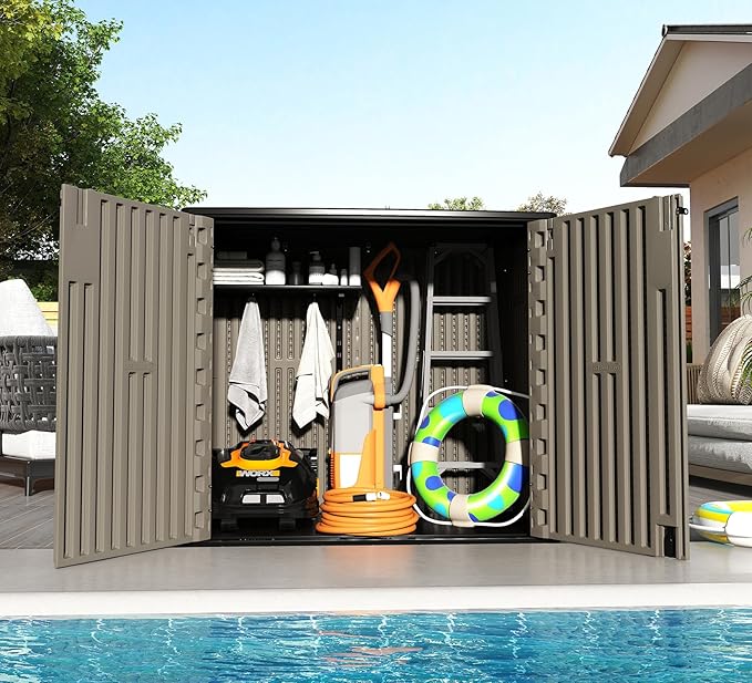 ZZM 37 Cu.ft Outdoor Storage Shed with Floor HDPE Double-Wall Resin Sheds Outdoor Storage, Lockable Weatherproof Storage Cabinet Fit for Garden Tools, Garage can, Bike, Patio Furniture, Coffee
