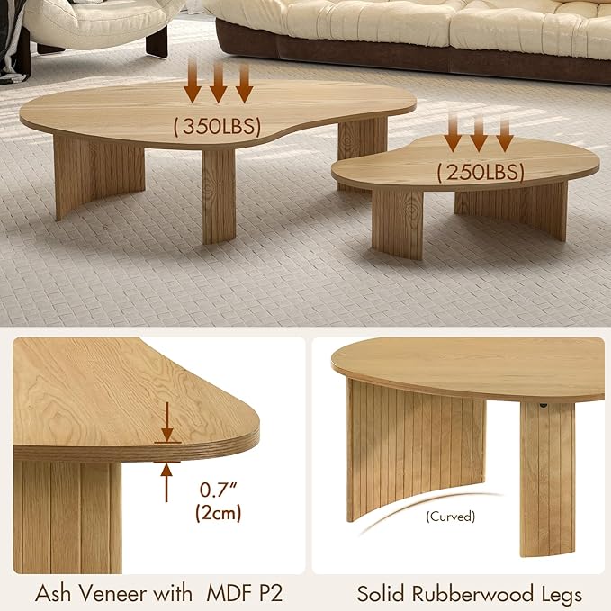 Set of 2 Boho Nesting Coffee Tables with Solid Fluted Wood Legs for Apartment, Oval Irregular Mango Shape Modular Center Tables for Living Room