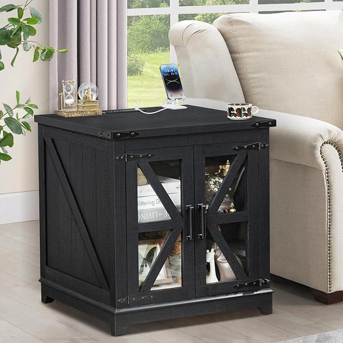Farmhouse End Table Set of 2,24" Large Sofa Side Table with Charging Station Glass Barn Door,Wood Nightstand with Adjustable Storage Shelf,Square Bedside Table for Living Room,Bedroom,Office-Black