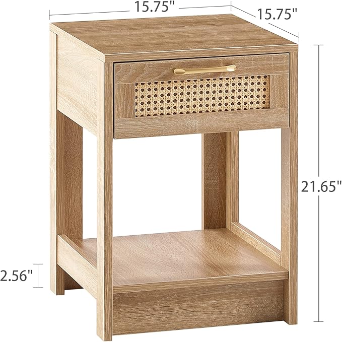 Rattan Nightstand - Wooden Boho End Table with Storage Drawer and Opening Shelf, Bedside Tables Bed Side Table Accent Table for Living Room, Bedroom Small Space