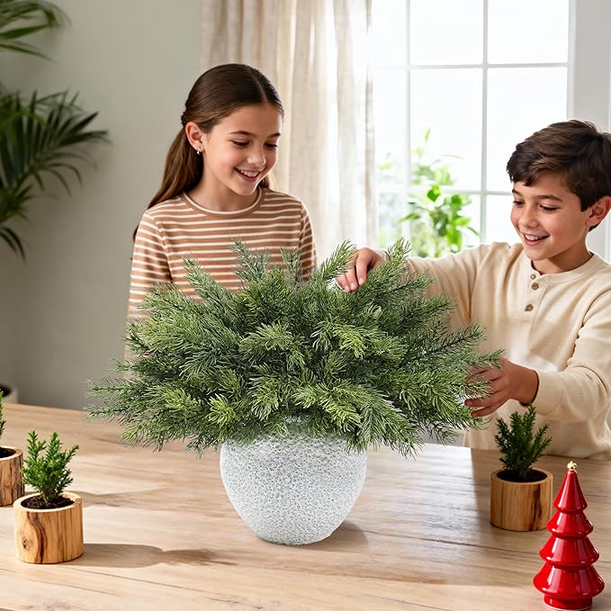 Artgar 6 Pcs Christmas Pine Branches – 18" Realistic Artificial Greenery Pine Stems - Real Touch Faux Cedar Picks for Vase, DIY Garland Wreath Home Indoor Outdoor Xmas Decorations