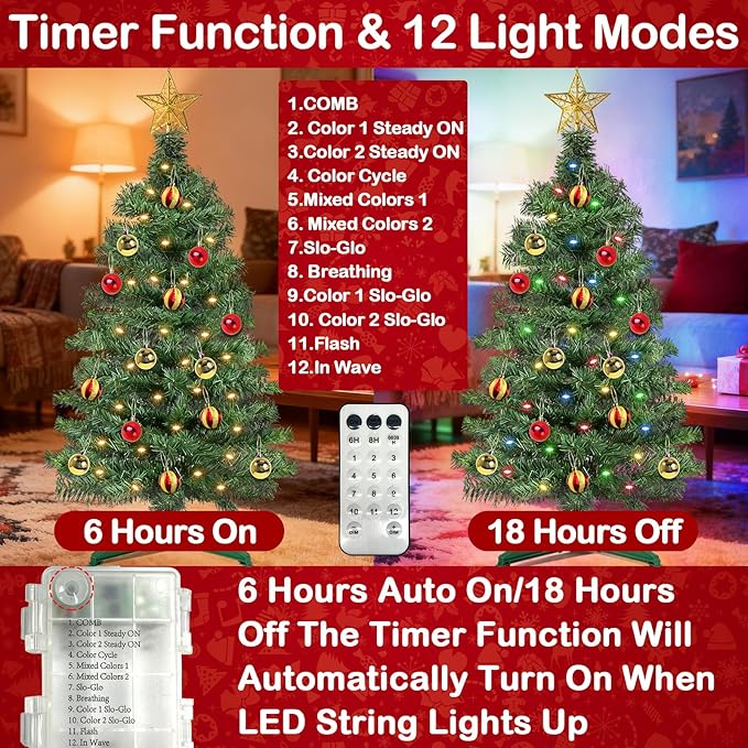 [ Timer & 12 Modes ] 3 Ft Green PVC Christmas Tree with 50 Multi Color Lights DIY 15 Ball Ornaments 3D Star Small Artificial Xmas Tree for Indoor Holiday Party Decorations