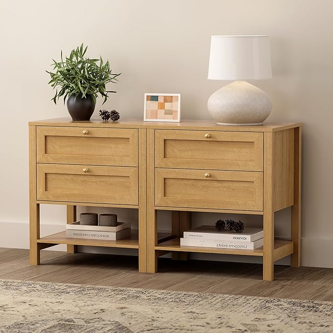 End Tables Set of 2 with 2 Drawers, Farmhouse Nightstand with Open Shelf, Modern Bedside Cabinet Side Table Night Stand for Bedroom, Living Room, Natural Oak