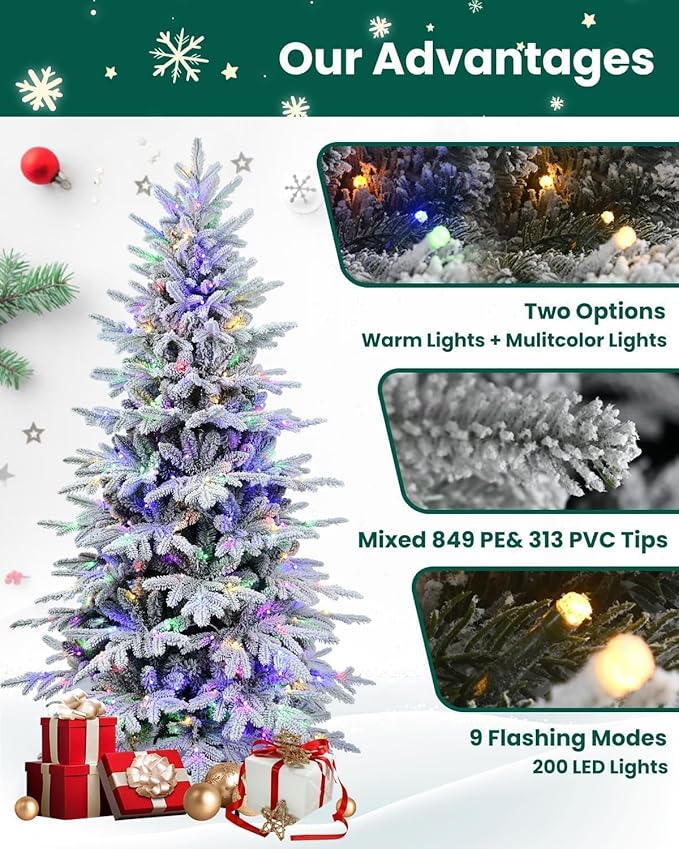 Prelit Flocked Christmas Tree 5 ft Leheyhey Frosted Artificial Christmas Tree with Multicolor Lights &1162 PE PVC Tips, White LED Xmas Tree with Snow, 9 Color Modes, Hinges, Seasonal Decor