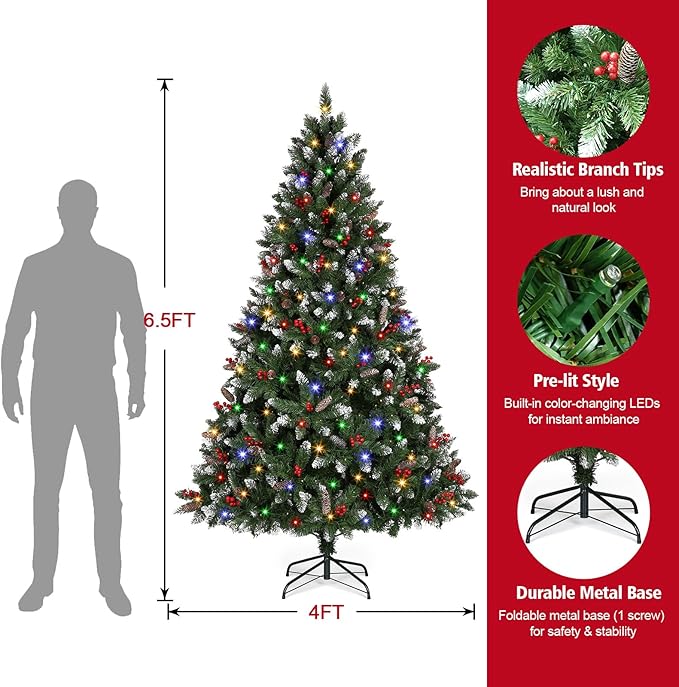 6.5 Ft Pre-Lit Artificial Christmas Tree with 400 Dual Color LED Lights & Timer - Snowy Spruce with 1100 Branch Tips & 60 Pine Cones & 60 Berries Indoor Outdoor Home Christmas Decorations