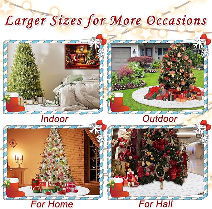 72 Inch Christmas Tree Skirt, Faux Fur Extra Large White Tree Skirt for 6 to 15 ft Xmas Tree, Plush Soft Thickened Mat with Silver Sequin Snowflake for Xmas Tree Decor Reusable Christmas Decorations