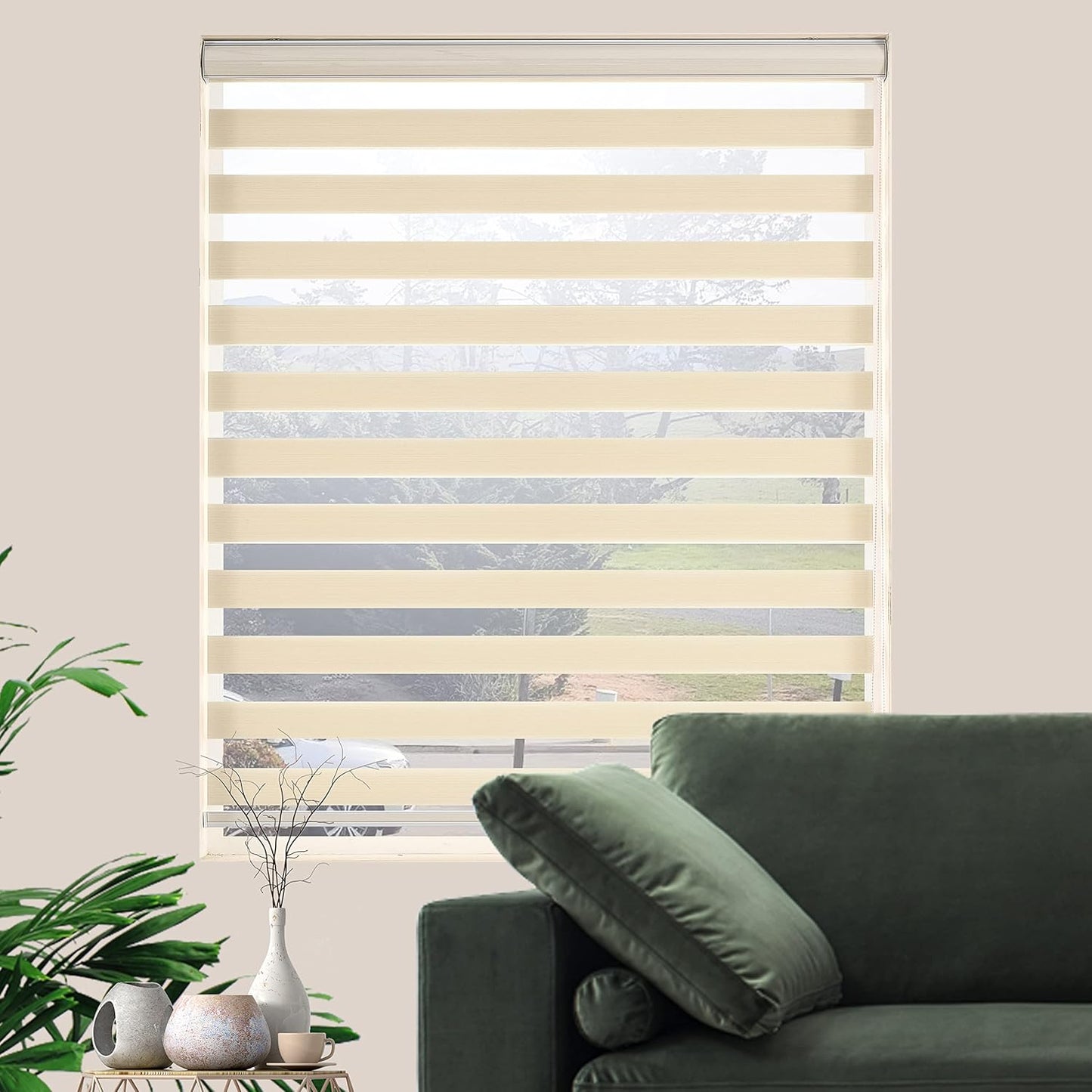Zebra Blinds for Windows, Free-Stop Zebra Shades, Dual Layer Light Filtering Sheer Blinds for Indoor Windows, Roller Window Shades for Privacy (25" W X 72" H, Cream)