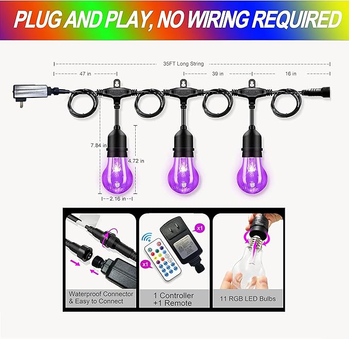 35FT Outdoor String Lights, 11 Shatterproof Edison Bulbs, Dimmable RGB Color Changing Patio Lights with Remote,Waterproof for Garden Commercial LED Decorative Lighting.