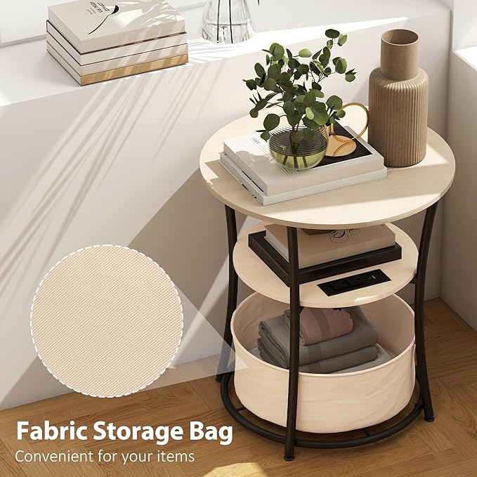 HOMCOM Round Side Table with Charging Station, 3-Tier End Table with Fabric Storage Bag, Shelf and Steel Frame for Living Room, Natural Wood