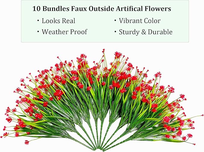 Fake Flowers 10 Bundles Faux Outdoor Plastic Flowers No Fade Artificial Red Shrubs Plants for Hanging Planters Window Box Spring Summer