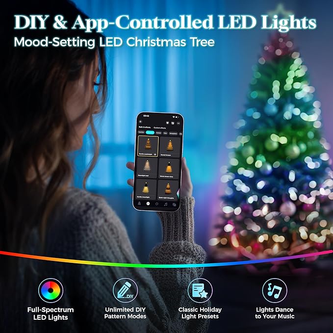 HOLLO STAR 6 ft Prelit Christmas Tree with 270 LED Lights, App Control, Artificial Christmas Tree with Multi-Color RGBW Lights, 1072 Branch Tips, Metal Base, Easy to Assemble, for Home, Party