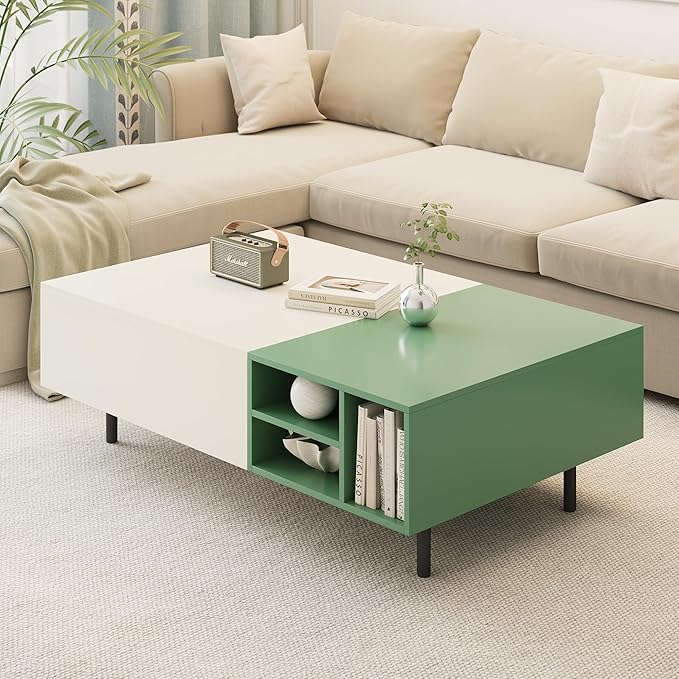 51.18" Modern Minimalist Coffee Table with Sliding Drawers & Open Storage Shelves, Storage Coffee Table for Apartment, Living Room,or Office, White & Green