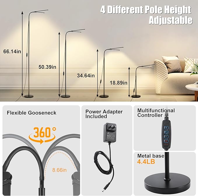 LED Floor Lamp, Bright 18W Floor Lamps for Living Room, 3 Color Modes 10 Brightness, Adjustable Flexible Gooseneck and 4 detachable upright poles, USB Standing Lamp for Reading, Study, Workbench