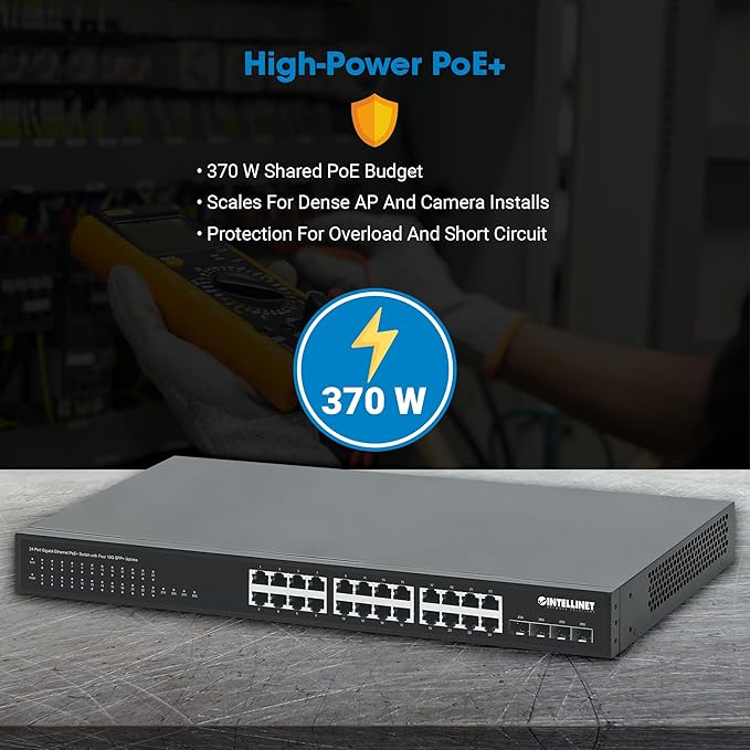 Intellinet 24-Port Unmanaged PoE+ Gigabit Ethernet Switch - 370W Power Budget, 4 x 10 Gbps SFP+ Ports, Rackmount / Desktop, Autosensing Ports, Sturdy Metal - 3 Yr Mf Warranty - 561761