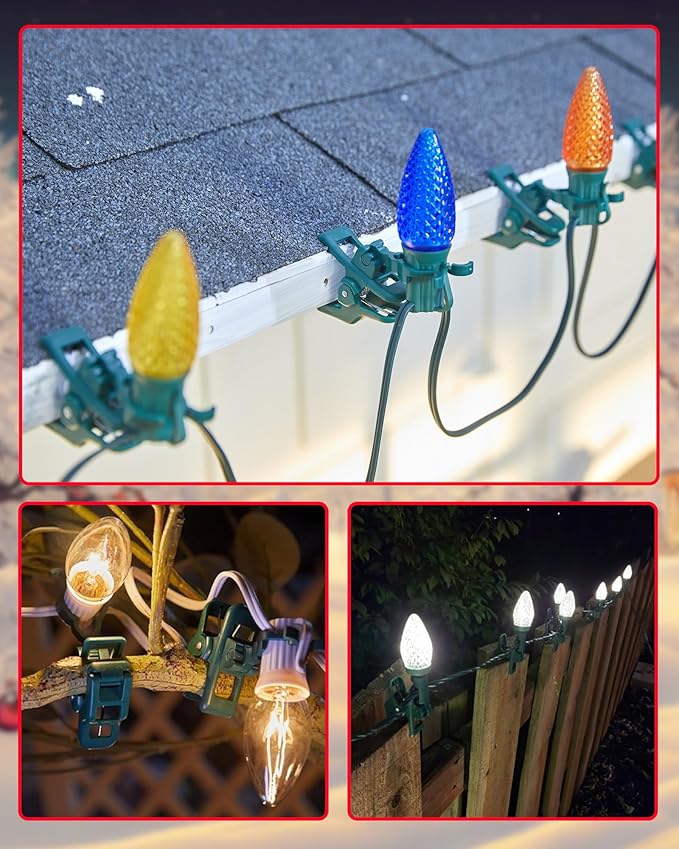 Minetom C7 C9 Christmas Light Clips Outdoor, 100 Count Universal Quick Christmas Light Spring Clips for Outside Roof Gutter Shingle Fence E12 E17 Base