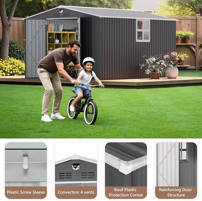 10x12 FT Outdoor Storage Shed, Metal Sheds & Outdoor Storage, Waterproof Sheds with Lockable Doors for Backyard (Black, Lighting Window)