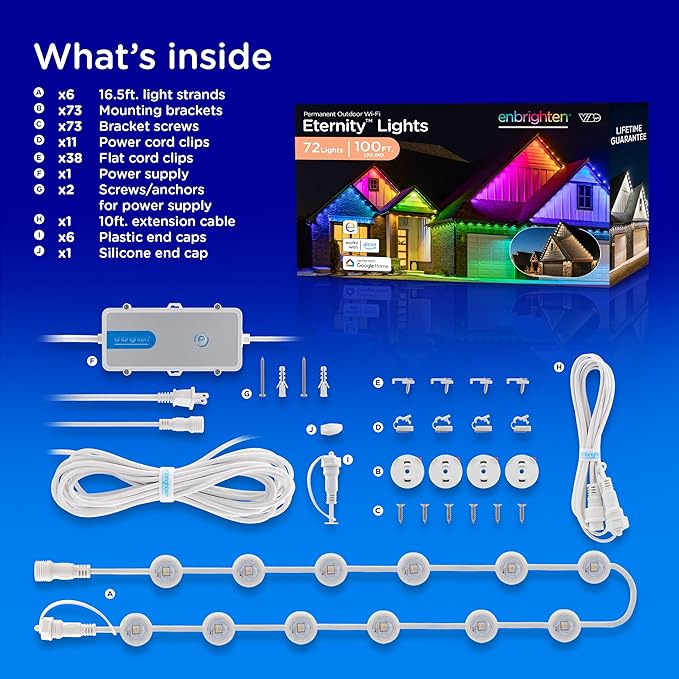 Enbrighten Vibe Eternity Permanent Outdoor Lights for House, 100 Feet, 72 RGBWIC LEDs, Close Spacing, 33lm, Color Changing, Christmas, Eave Lighting, Smart App, Works with Alexa, Google Home, 81103