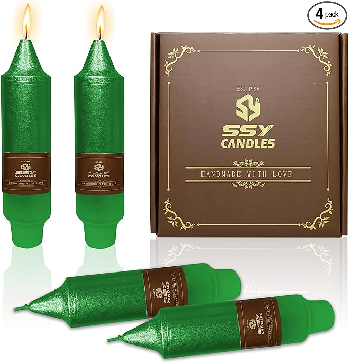5 Inch Short Taper Candles Candle Sticks Handmade Set of 4 Smokeless Long Burning Dripless Tapered Candle for Wedding Christmas Home Decoration(Metal Green)