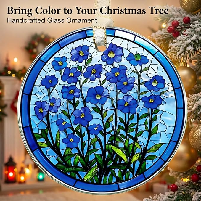 Forget Me Not Glass Suncatcher Window Hanging Ornament, Stained Glass Christmas Tree Decorations, Sympathy Gift for Loss of Loved One, Memorial Ornament for Window, Birthday Chirtsmas Gifts for Mom